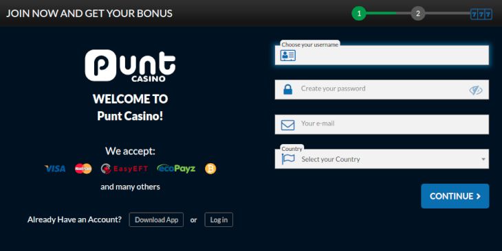 Punt Casino registration