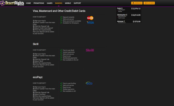 Desert Nights Casino payment options