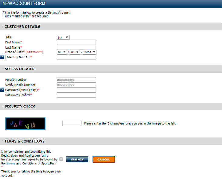 SportsBet registration